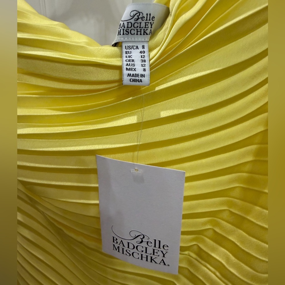 Belle Badgley Mischka Kelsey Pleated One Shoulder Yellow Dress 8 NWT - Picture 3 of 4